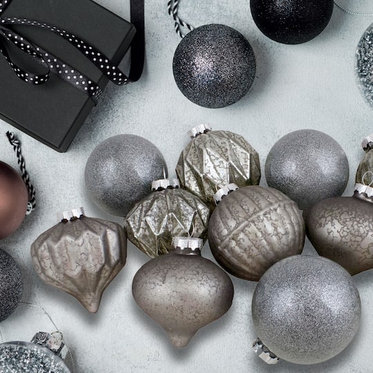 12ct. 3" Neutral Tone Finial & Glass Ball Christmas Ornaments